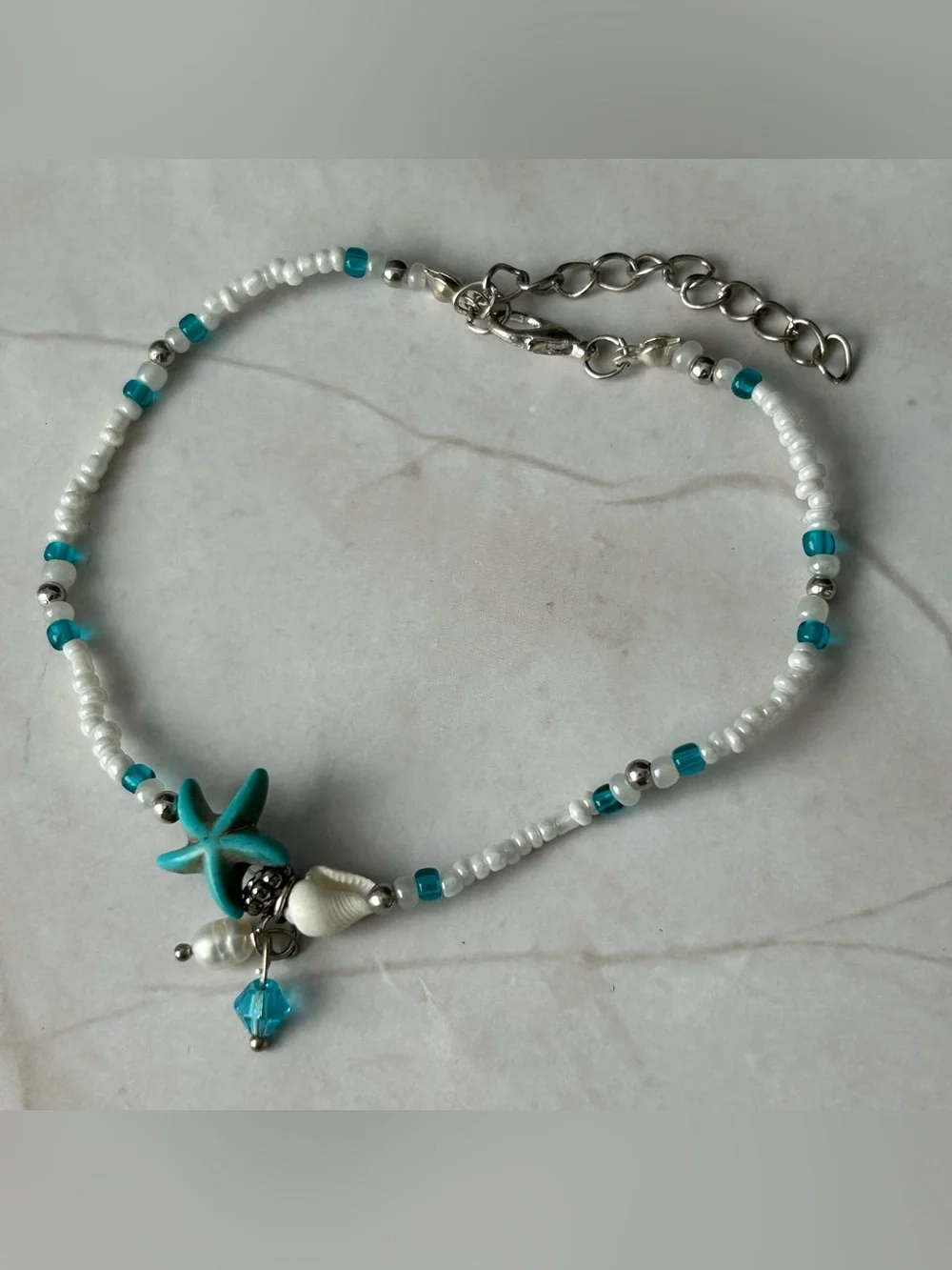 Turquoise & White Starfish Beaded Anklet with Shell Charm